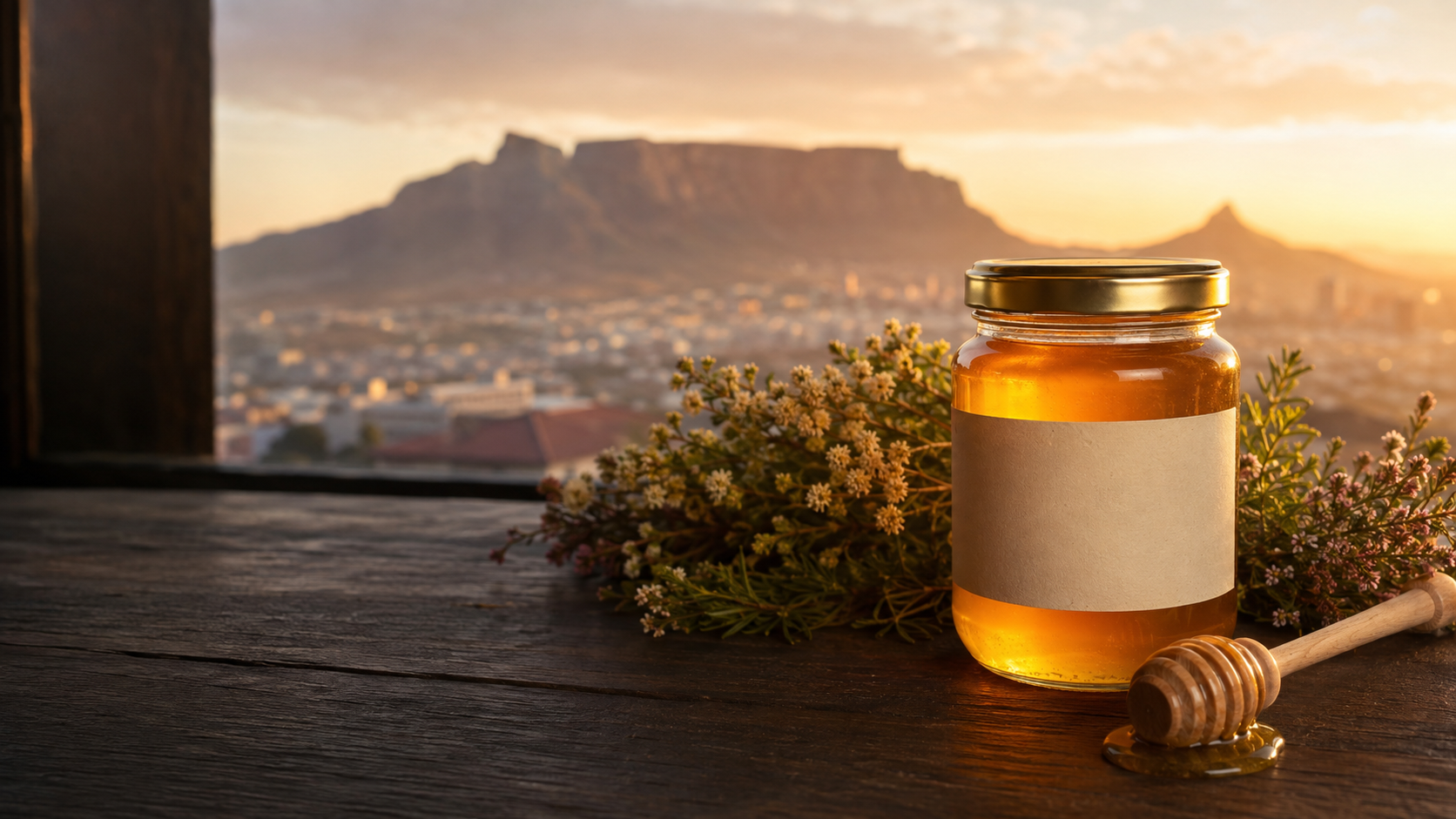 Raw honey jar overlooking Table Mountain in Cape Town