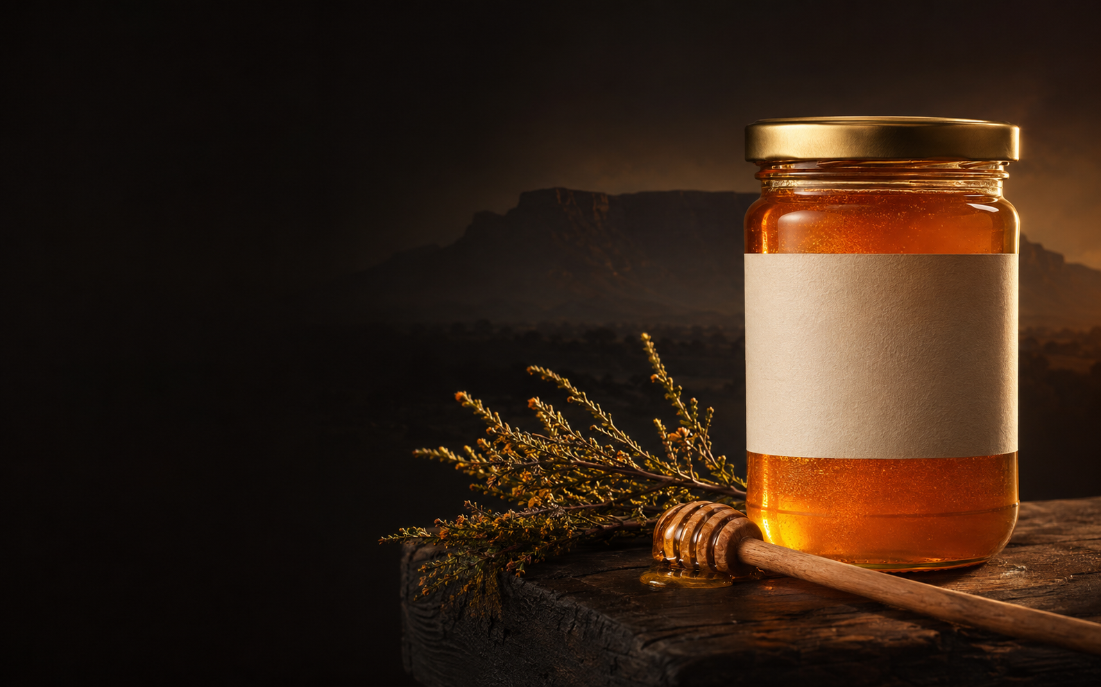 Raw Western Cape honey with Table Mountain in the background